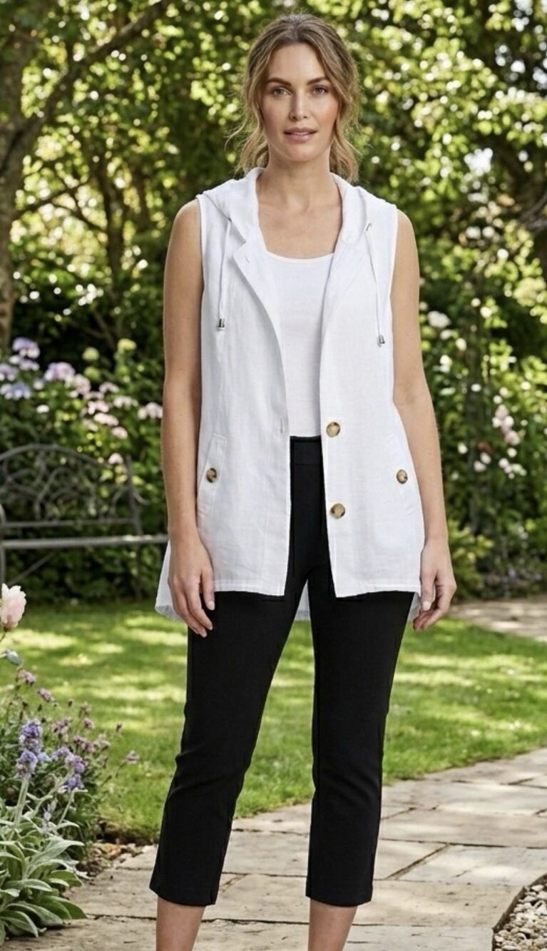 Sigrid Olsen 100% Linen White Hoodie Sleeveless Jacket Vest Beachy Boho resort S
